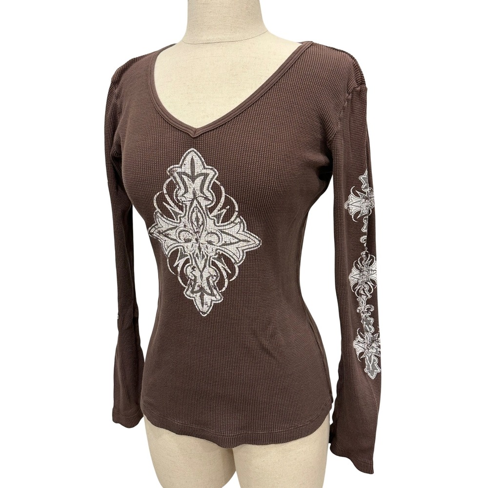 Vtg Sledge USA Women M Brown Waffle Knit Gothic Cross Thermal V-Neck Top Y2k
